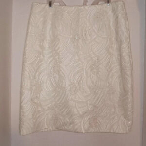 CARMEN MARC VALVO SIGNATURE Beaded Ivory Lace Overlay Pencil Skirt 8